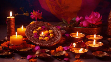 Clay diya lamps lit during diwali celebration. greetings card design indian hindu light festival called 