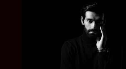 Pride thinking young business man Attractive bearded guy get confident Black and white photo Smart...