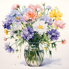 Baby's Breath, Chrysanthemums, Irises, Ranunculus, Flowers, Watercolor illustrations