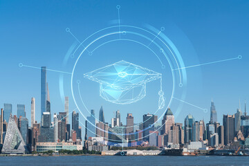 New York City skyline from New Jersey over the Hudson River towards Midtown Manhattan at day time. Technologies and education concept. Academic research, top ranking university, hologram - obrazy, fototapety, plakaty