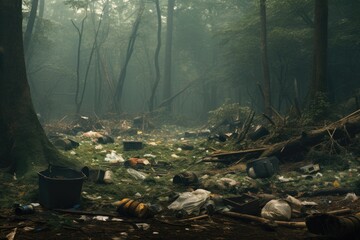 Obraz premium Trash in the forest. Concept of human pollution of nature.