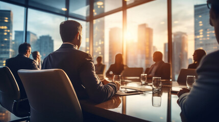 Successful Business man boss sitting in a boardroom with his team on Defocused Bokeh flare office background - obrazy, fototapety, plakaty