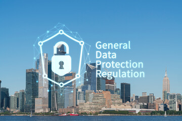New York City skyline from New Jersey over the Hudson River towards the Hudson Yards at day. Manhattan, Midtown. GDPR hologram, concept of data protection, regulation and privacy for all individuals