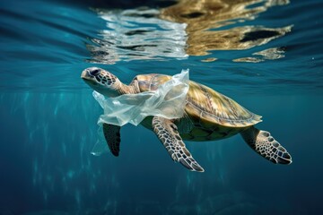 turtle in a piece of cellophane bag swims in the ocean.