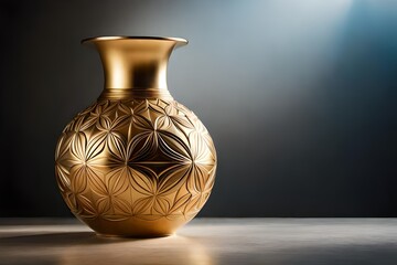 golden vase on a black background, gold decorative traditional vase, gold embossed flower vase, golden electroplated vase on grey backdrop - obrazy, fototapety, plakaty
