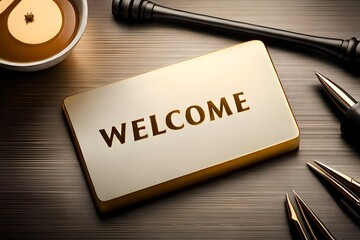 word welcome carved on golden board, WELCOME written on board, quote 