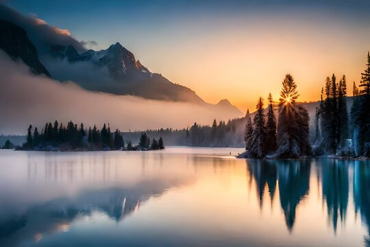 sunrise on the lake, clouds o the mountains, beautiful view of the lake, eye catching natural view 