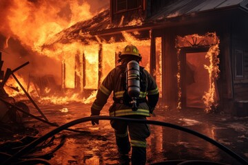 Firefighter in safety uniform extinguishes a burning house.