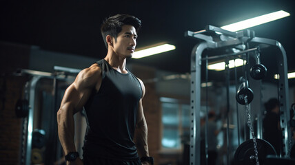 ジムでトレーニングをするアジア人男性