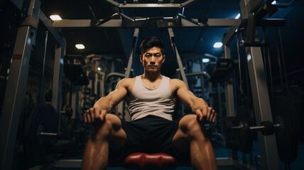 Fototapeta na wymiar ジムでトレーニングをするアジア人男性