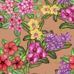 Abwaschbare Fototapete Watercolor seamless pattern with tropical flowers. Beautiful allover print with hand drawn exotic plants. Swimwear botanical design.  © Natallia Novik