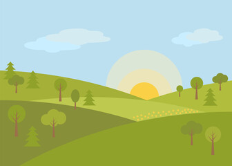 Landscape summer on the hills grow trees, sunrise, green grass- illustration. - 680497083