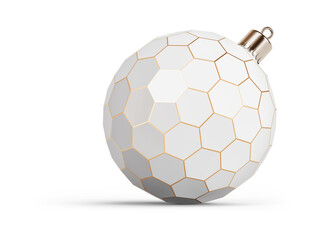 Gold and white futuristic Christmas ball turned to right. New Year tree toy decoration Isolated on transparent background. 3D render