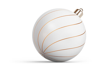 Gold and white stylish Christmas ball turned to right. New Year tree toy decoration Isolated on transparent background. 3D render