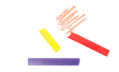 Colorful chalks with scribbles isolated on white, clipping path, top view
