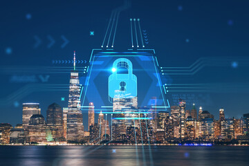 Skyline of New York City Financial Downtown Skyscrapers at night. Manhattan, NYC, USA. View from New Jersey. The concept of cyber security to protect confidential information, padlock hologram - obrazy, fototapety, plakaty