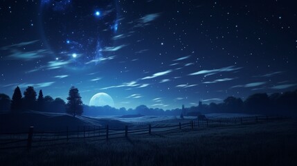 A serene moonlit night over Amazing Horse Farm, with horses silhouetted against the night sky.