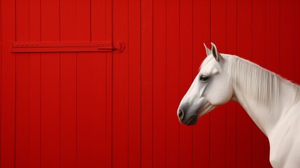 A stunning portrait of a white horse against a vibrant red barn wall. - obrazy, fototapety, plakaty