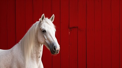 A stunning portrait of a white horse against a vibrant red barn wall. - obrazy, fototapety, plakaty