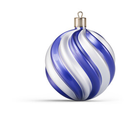 Blue and silver Christmas ball with curved sides. New Year tree toy decoration Isolated on transparent background. 3D render