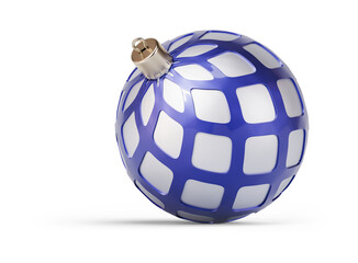 Blue and silver unusual Christmas ball turned to left. New Year tree toy decoration Isolated on transparent background. 3D render