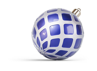 Blue and silver unusual Christmas ball turned to right. New Year tree toy decoration Isolated on transparent background. 3D render