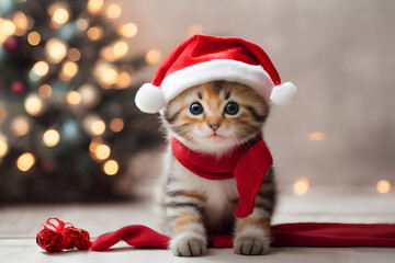 Christmas cute kitten wearing Santa hat and red scarf