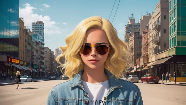 Portrait of a female character woman in sunglass walking on street of big city. Generated with AI	
