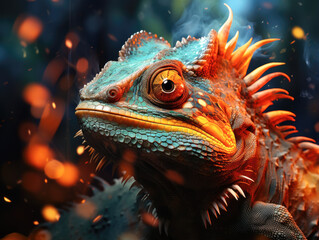 Fototapeta premium Seen from the front, khaki and camouflage color chameleon with fire particles and light around it.