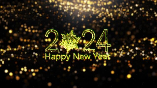 Happy New Year 2024 golden text with glow glittering gold bokeh and gold particles wave and flare light cinematic title animation on black abstract background,