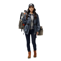Young Asian delivery girl, carrying a bag, wearing a work shirt