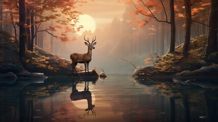 a surreal dreamscape where the amazing forest horse and an deer share a moment of tranquil coexistence. - obrazy, fototapety, plakaty