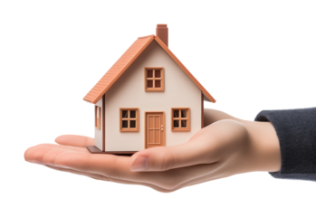 Hand Holding House Miniature Isolated on Transparent Background
