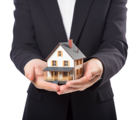 Businessman Holding House Miniature Isolated on Transparent Background