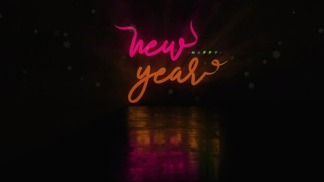 Happy New year glow colorful neon text effect with christmas ball animation cinematic title on black abstract background.Ending cover for end scence trailer winter snow, Christmas and New year 