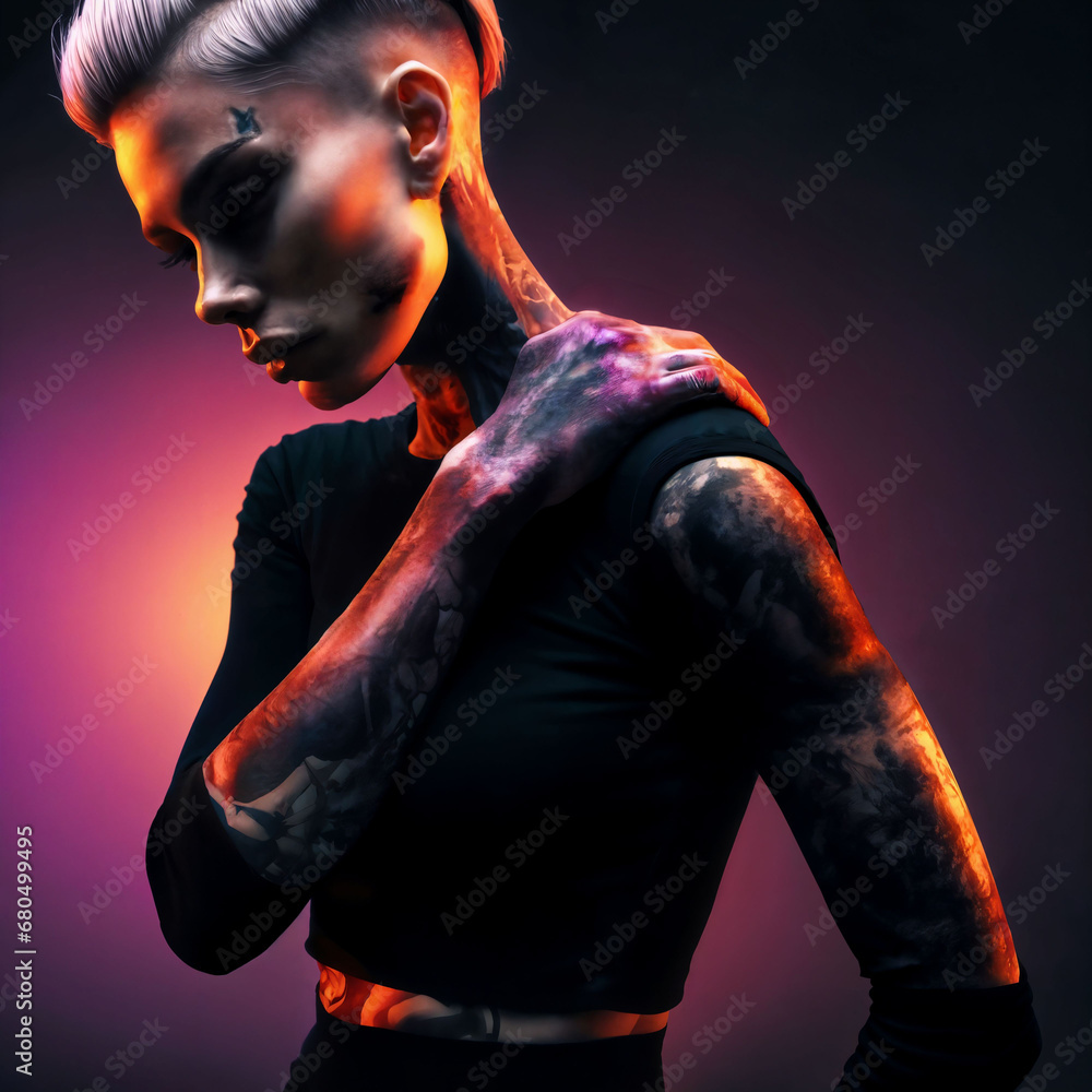 Wall mural photo of woman as a leader gang member with undercut side fade hairstyle pain feeling and wound on gradient pink and purple backdrop, generative AI