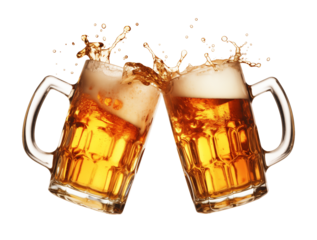 Two Beer Mugs Splash Toast Cheers Isolated on Transparent Background
