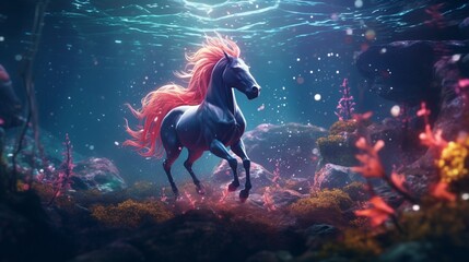 a surreal underwater world where the amazing forest horse gracefully swims amidst bioluminescent creatures. - obrazy, fototapety, plakaty
