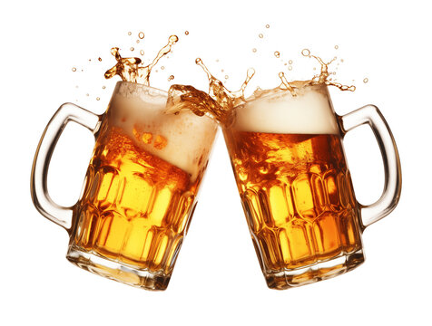Two Beer Mugs Splash Toast Cheers Isolated on Transparent Background
