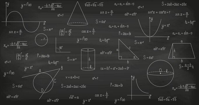 Background with mathematical formulas and graphs on the black chalkboard. 4K 2D animation