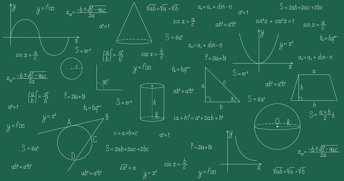 Background with mathematical formulas and graphs on the green background. 4K 2D animation