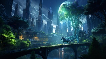a vibrant, glowing city hidden within the forest, where the amazing forest horse is a revered guardian.