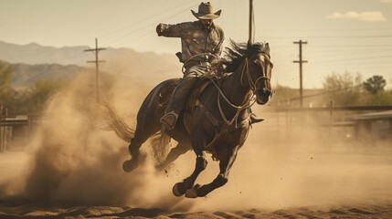 Amidst a dusty rodeo arena, a talented rider showcases incredible horseback riding skills.
