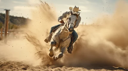 Fotobehang Amidst a dusty rodeo arena, a talented rider showcases incredible horseback riding skills. © Muzamil