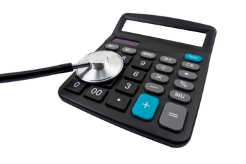 Calculator with blank screen and medical stethoscope on a transparent background. Paid medicine concept