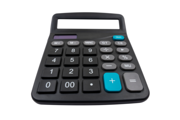 Top view of a digital calculator with a blank screen (close-up) on a transparent background. Arithmetic device