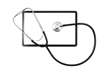 Tablet PC with blank screen and medical stethoscope on transparent background. Medical consultation concept