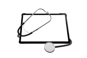 Tablet PC with blank screen and medical stethoscope on transparent background. Medical consultation concept