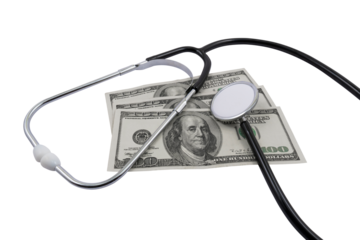 Medical stethoscope and money (dollars) on a transparent background. Paid medicine concept