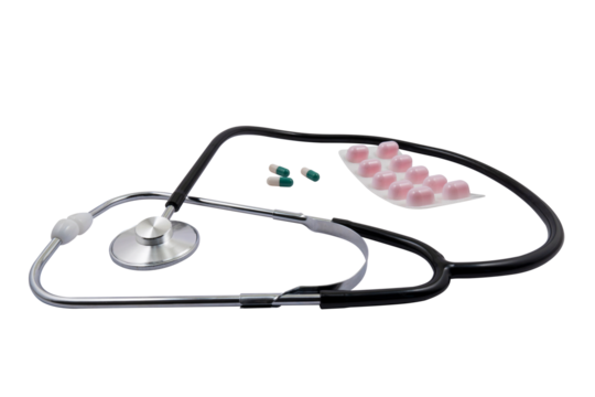 Medical stethoscope and pills on a transparent background. Medical diagnosis and treatment concept